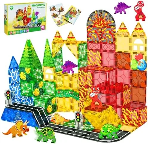 magnetic tiles with 4 dinosaur toys dino magnet tiles for kids magnetic building blocks for boys girls ages 3 sensory toddler creative games birthdays gifts