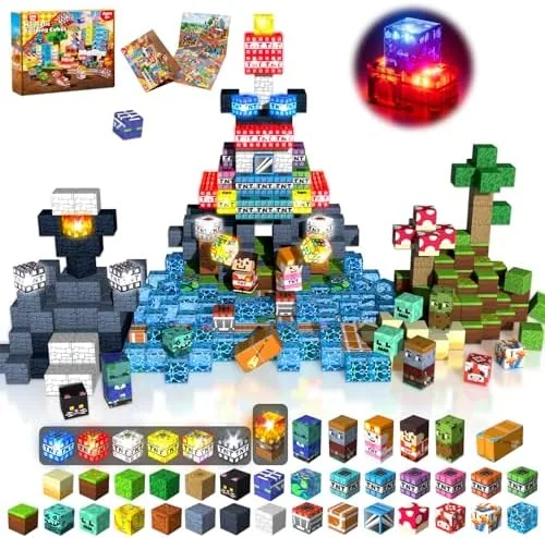 magneverse 200 pcs 08in magnetic blocks with 31 led light blocks tnt building blocks toys for kids magnetic building blocks stacking magnets birthday gifts for boys and girls age 3 years old