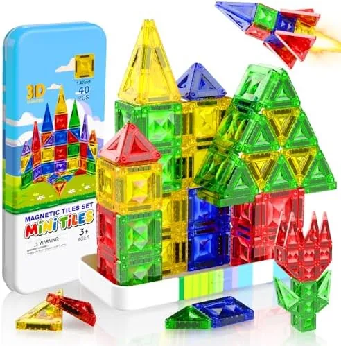 mini magnetic tiles 40 pcs diamond pattern magnetic tiles with tinmicro magnet travel toy portable for kids age 3stem educational building set construction toysboys girls toddlers birthday gifts